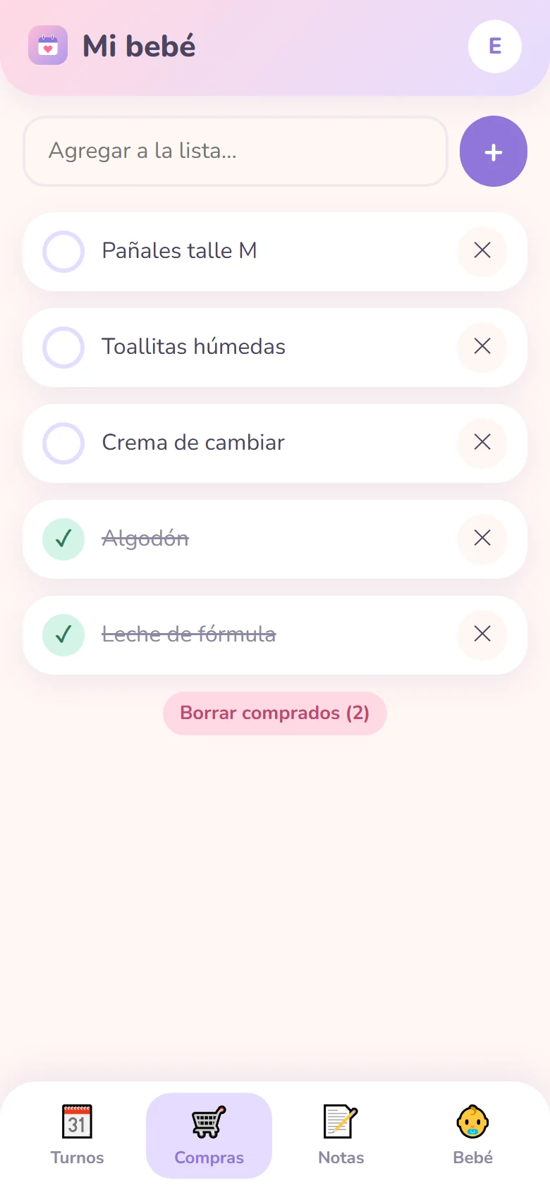 Pantalla de la lista de compras