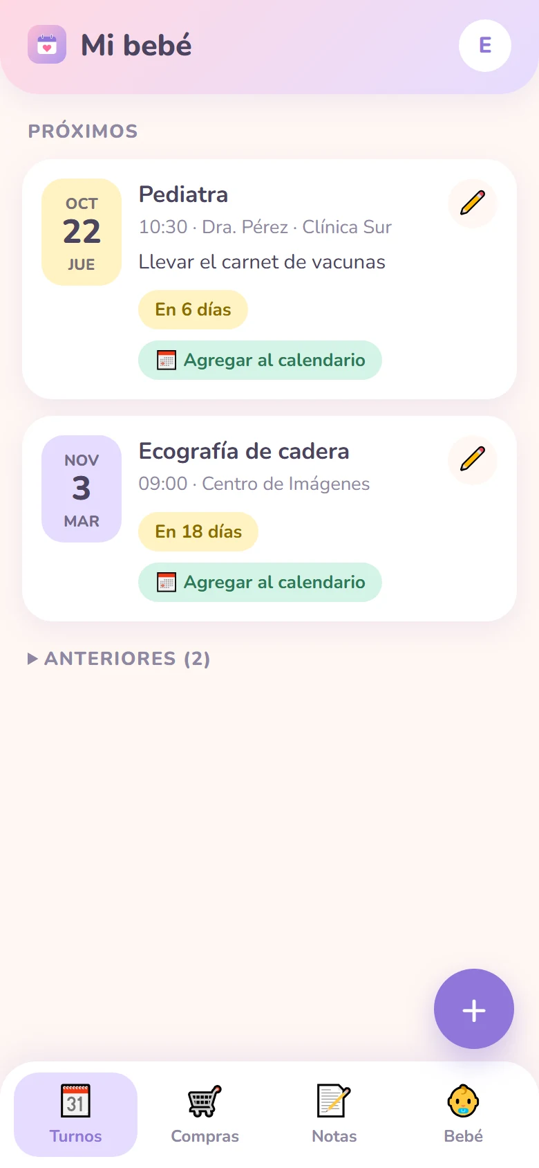 Pantalla de turnos médicos de la app